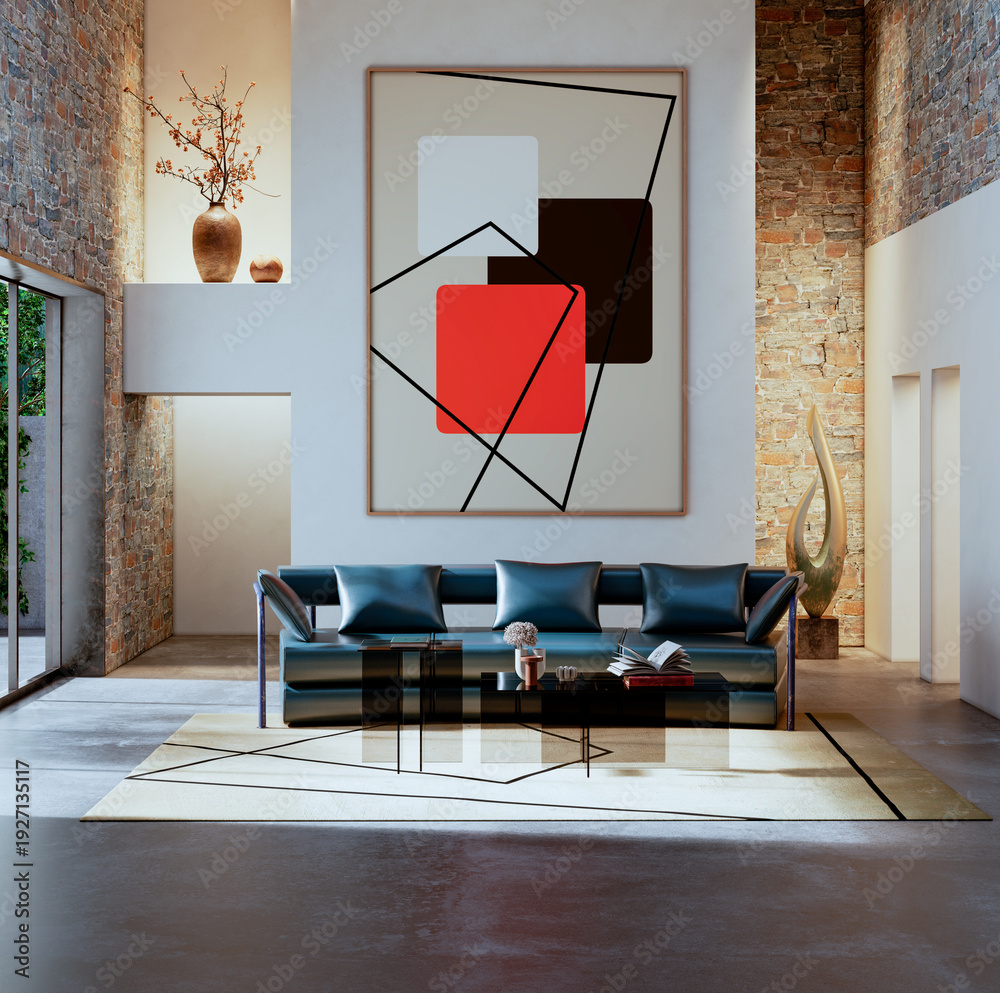 Fototapeta premium Large illustration 3D rendering luxury modern bright interiors Living room mockup with Couch and Ceiling Fan Ventilation