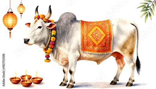 Decorated bull with lanterns and candles a festive illustration