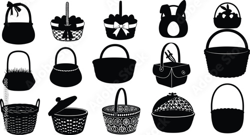 Collection of various woven baskets and handbags