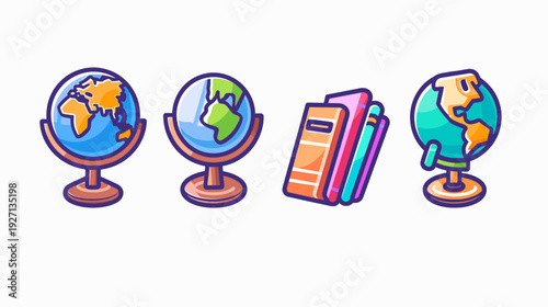 Colorful illustrated graphics globes and books, ideal for education or learning themes