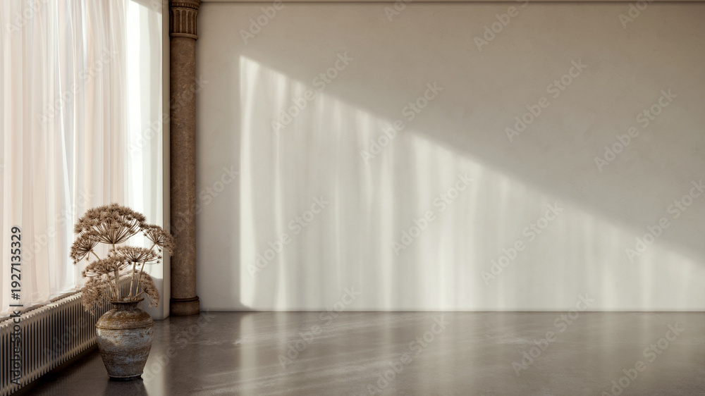 Fototapeta premium Large illustration 3D rendering luxury modern bright interiors Living room mockup with Couch and Ceiling Fan Ventilation