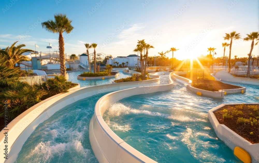 Fototapeta premium Serene Evening at Water Park featuring Swirling Tubes and Lush Palms