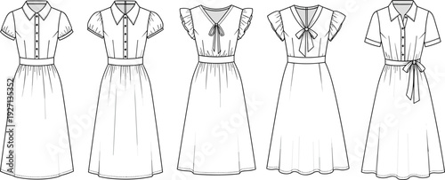 Set of women fashion technical sketch of summer dresses with short sleeves collars and bows cad drawing flat vector illustration