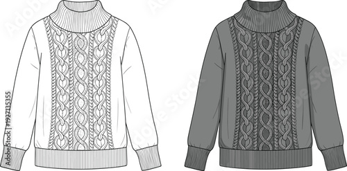 Technical fashion sketch of women cable knit sweater with turtleneck long sleeves and ribbed trims cad drawing flat vector illustration
