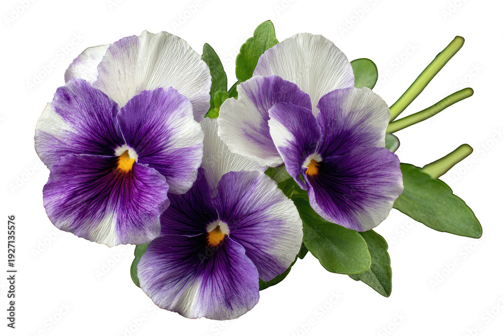 Obraz premium Close-up of vibrant pansies with purple and white petals, green leaves against black