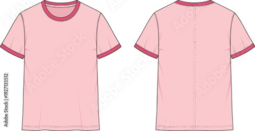 Pink Women Ringer T-Shirt Featuring Contrast Ribbed Collar and Sleeves Front and Back View CAD Drawing Flat Vector Illustration Apparel