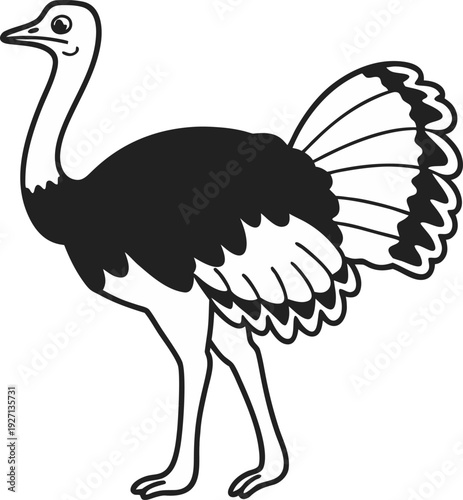 An illustration of an ostrich, depicted in black and white, against a stark white background. The ostrich is positioned on the right side of the frame, facing left in a full-body profile view. It has 
