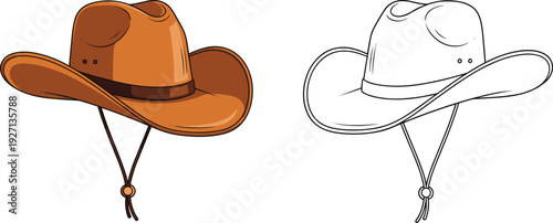 Western Cowboy Hat Technical Fashion Sketch Featuring Chinstrap And Leather Band CAD Drawing Flat Vector Illustration For Apparel Design Templates