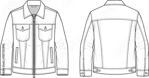 Men Zipper Denim Trucker Jacket Technical Fashion Flat Sketch Set Front and Back View CAD Drawing Flat Vector Illustration for Apparel Design