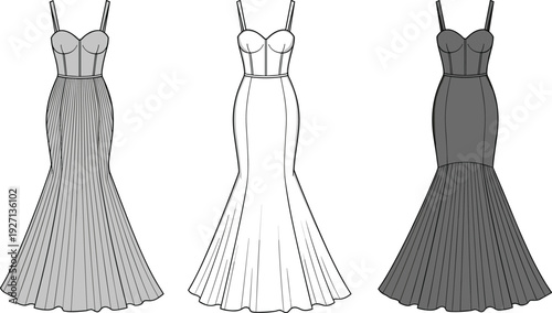 Women's Mermaid Evening Gown CAD Drawing Flat Vector Illustration Technical Sketch with Corset Bodice Pleated Skirt and Spaghetti Straps Apparel Design