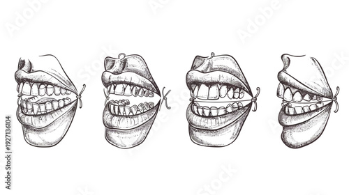 Four black and white illustrations of mouths in different positions.  Each mouth is tied closed