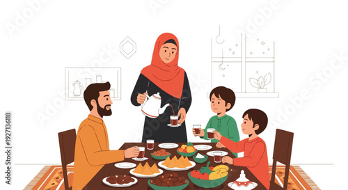 Vibrant vector illustration of a diverse family enjoying a traditional feast, portraying a joyful cultural mealtime scene with parents and children bonding over delicious dishes