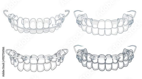 Dental illustrations showcasing various teeth alignment methods including retainers and braces