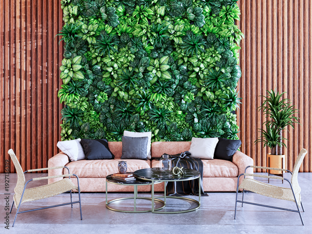 Fototapeta premium Large illustration 3D rendering luxury modern bright interiors Living room mockup with Couch and Ceiling Fan Ventilation