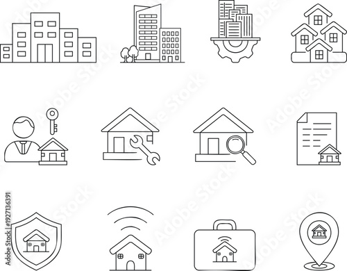 Real Estate Line Icon Set with Property Management, Smart Home, Security and Housing Symbols