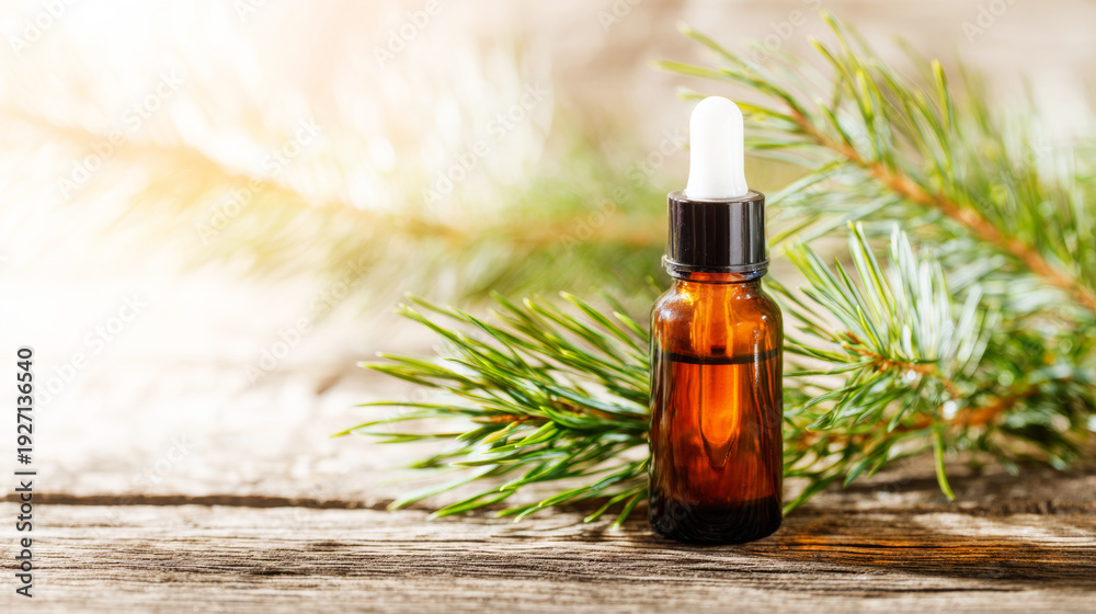 Fototapeta premium Essential oil bottle with dropper on rustic wood, pine needle background, natural alternative medicine concept
