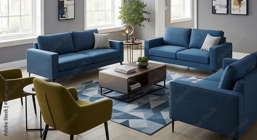 Fototapeta premium Modern living room with blue sofas and yellow chairs