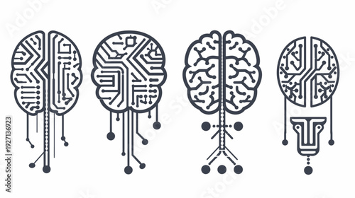 Four stylized representations of brains combined with electronic circuitry and connected nodes