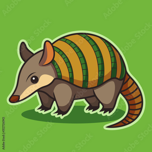 Cartoon armadillo illustration on green background in flat style