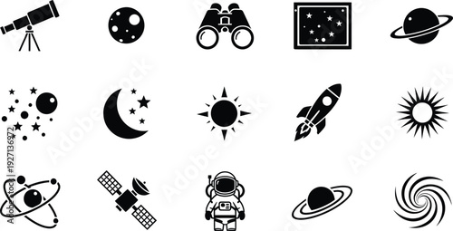 A collection of black and white space and astronomy icons featuring rockets, planets, and stars