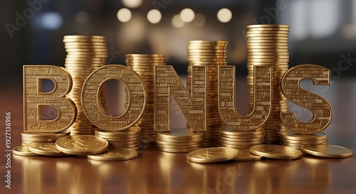 Golden coins stacked to form the word bonus