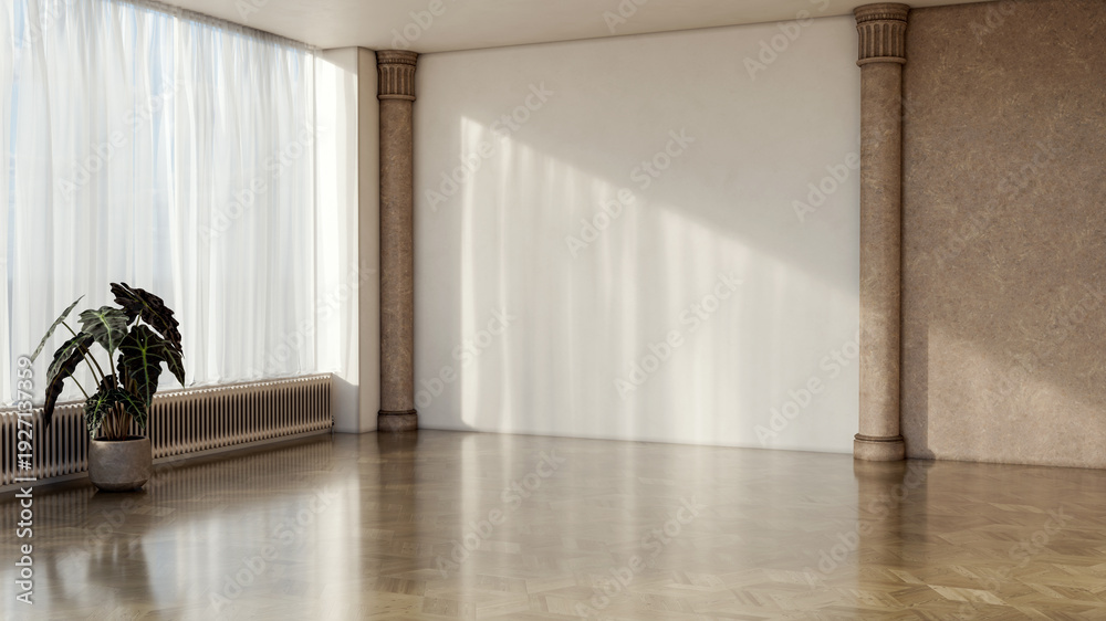 Fototapeta premium Large illustration 3D rendering luxury modern bright interiors Living room mockup with Couch and Ceiling Fan Ventilation