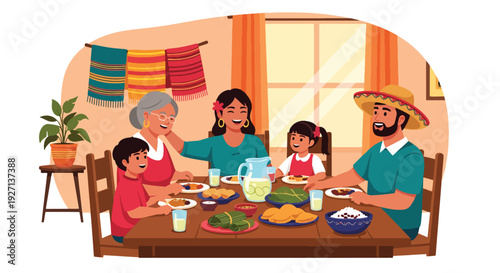 Modern vector illustration of Hispanic family sharing traditional meal together at home celebrating culture, unity, heritage and joyful family lifestyle in warm colorful interior