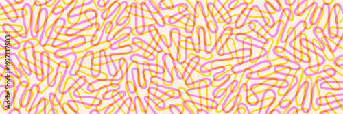 Modern abstract 1:3 spring background. Twisted hand drawn lines fluid curved wiggling stripes waves. Risograph effect. Funky maze ornament groovy hippie pattern banner. Doodle uneven wavy organic line