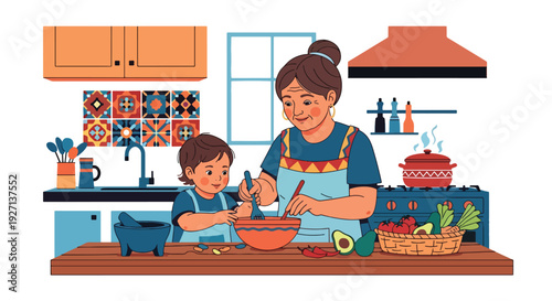 Modern vector illustration of Hispanic grandmother teaching child traditional cooking in kitchen representing generational knowledge, family bonding and cultural heritage lifestyle