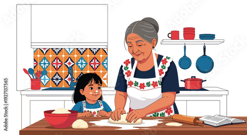 Modern vector illustration of Hispanic grandmother teaching child traditional cooking in kitchen representing generational knowledge, family bonding and cultural heritage lifestyle