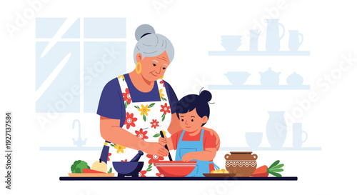 Modern vector illustration of Hispanic grandmother teaching child traditional cooking in kitchen representing generational knowledge, family bonding and cultural heritage lifestyle