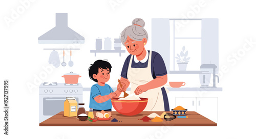 Modern vector illustration of Hispanic grandmother teaching child traditional cooking in kitchen representing generational knowledge, family bonding and cultural heritage lifestyle
