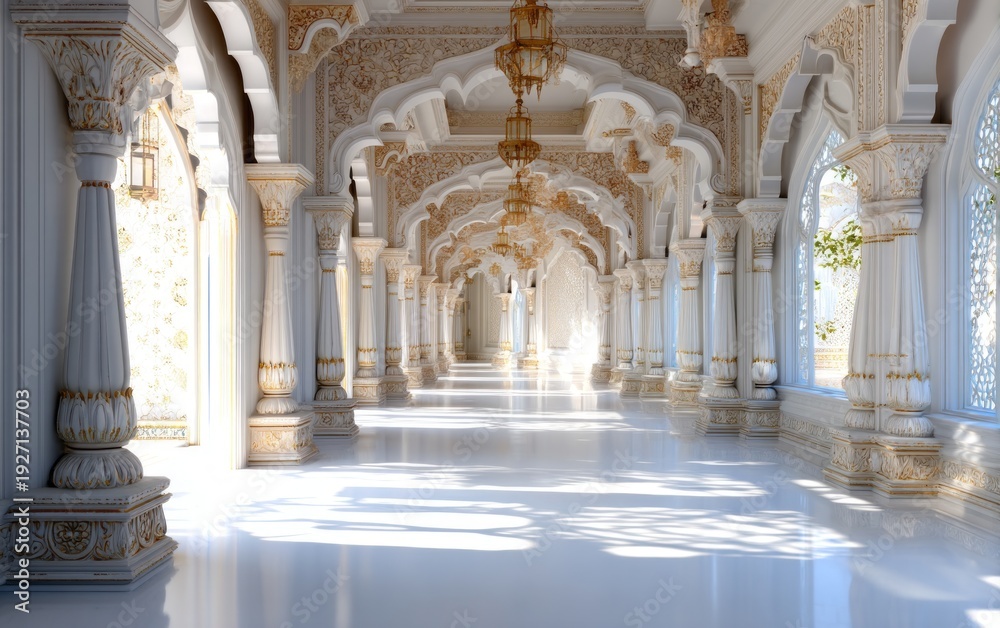 Obraz premium Intricate Wall Carvings in a Castle Corridor with Elegant Lighting Effects