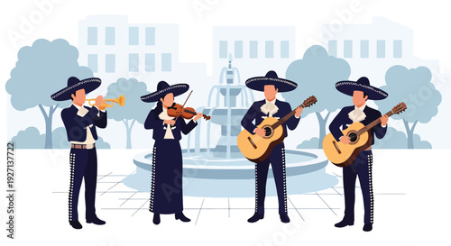 Modern vector illustration of mariachi musicians performing with guitars and trumpet representing traditional Hispanic music culture, celebration and artistic heritage