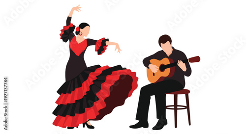 Modern vector illustration of flamenco dancer performing with expressive pose and flowing dress representing passionate Hispanic dance tradition and artistic culture