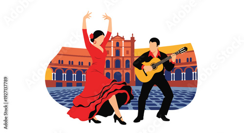 Modern vector illustration of flamenco dancer performing with expressive pose and flowing dress representing passionate Hispanic dance tradition and artistic culture