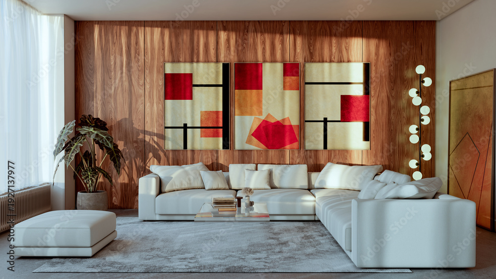 Fototapeta premium Large illustration 3D rendering luxury modern bright interiors Living room mockup with Couch and Ceiling Fan Ventilation