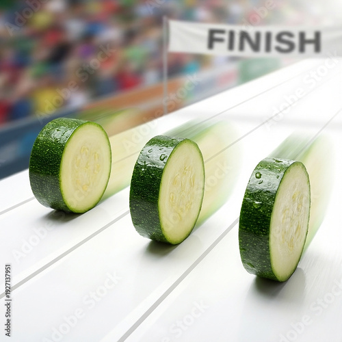 Three zucchini slices rolling like wheels in a race
