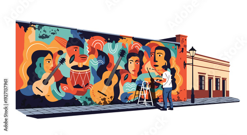 Modern vector illustration of Hispanic street artist painting vibrant mural on city wall representing creativity, identity and expressive urban cultural heritage