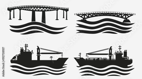 Black and white illustrations of bridges and cargo ships over stylized water waves, on a white background