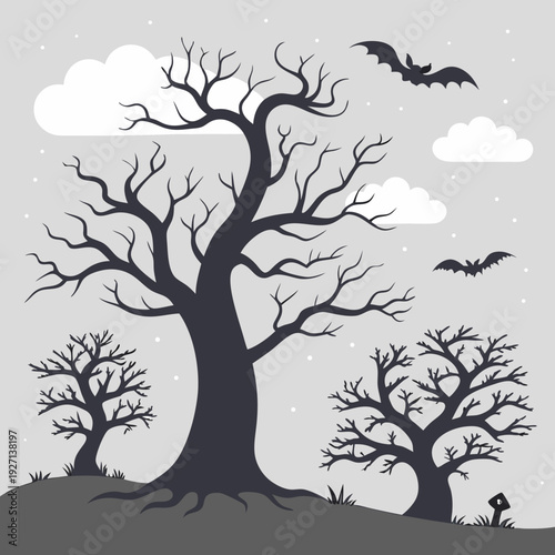 Set of Spooky Halloween trees vector silhouette. Scary halloween tree