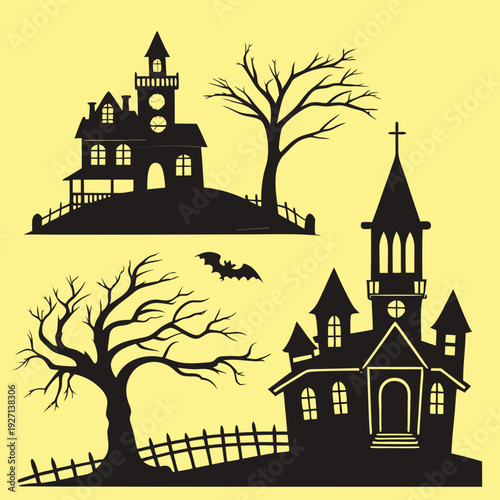 Set of Halloween Castle, Spooky Haunted Houses Silhouettes on Yellow Background