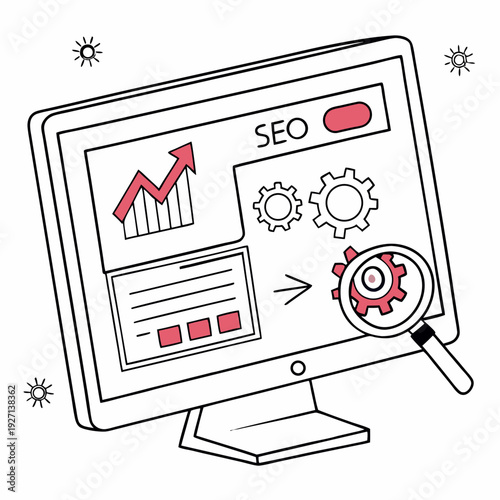 computer monitor displays SEO strategies on the screen with magnifying glass, arrow board, and gear icons. Flat UI vector illustration