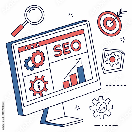 computer monitor displays SEO strategies on the screen with magnifying glass, arrow board, and gear icons. Flat UI vector illustration