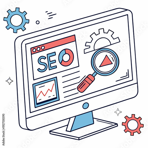 computer monitor displays SEO strategies on the screen with magnifying glass, arrow board, and gear icons. Flat UI vector illustration