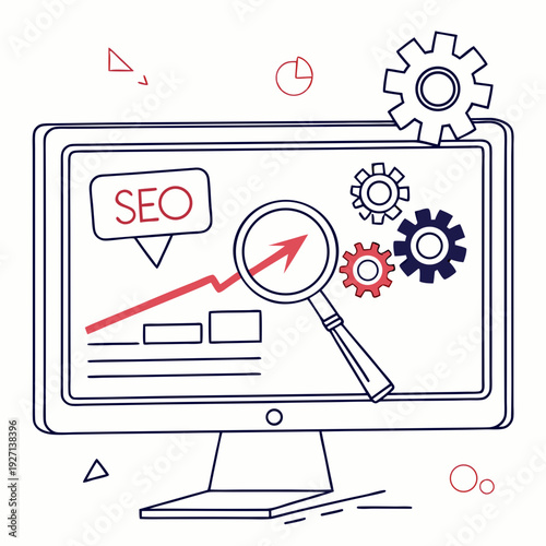 computer monitor displays SEO strategies on the screen with magnifying glass, arrow board, and gear icons. Flat UI vector illustration