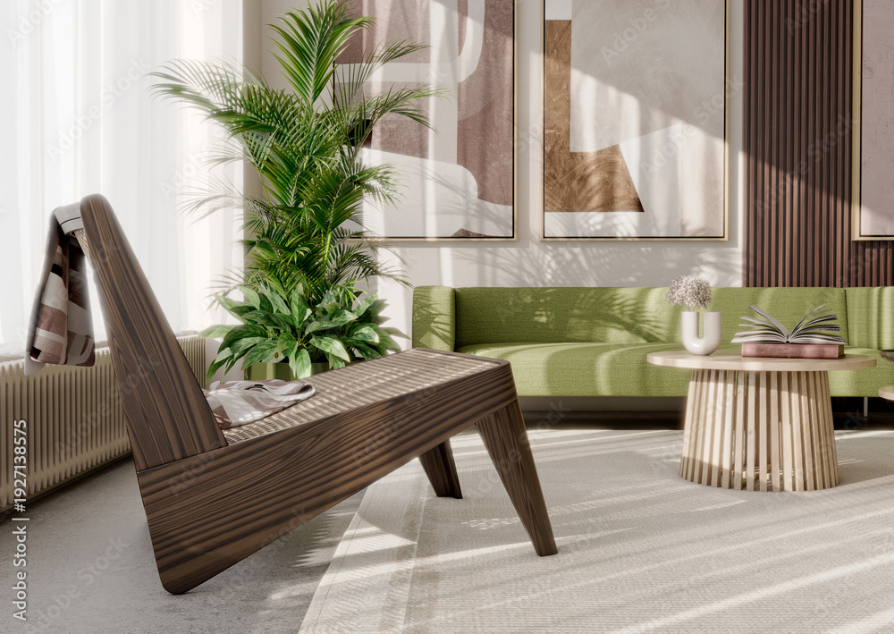 Fototapeta premium Large illustration 3D rendering luxury modern bright interiors Living room mockup with Couch and Ceiling Fan Ventilation