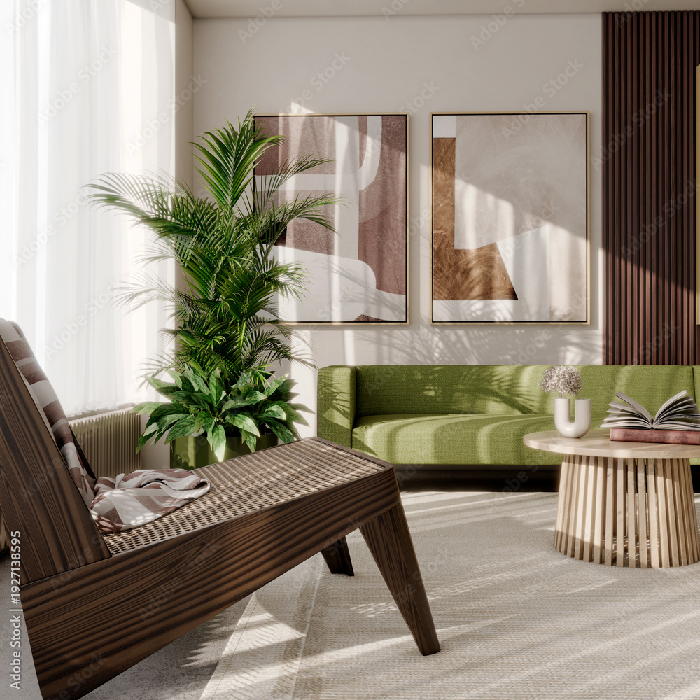 Fototapeta premium Large illustration 3D rendering luxury modern bright interiors Living room mockup with Couch and Ceiling Fan Ventilation