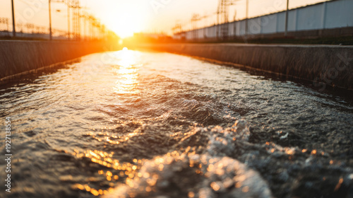 Wallpaper Mural Water flowing quickly through a concrete canal, reflecting golden sunrise light. Infrastructure lines a side, suggesting water management Torontodigital.ca