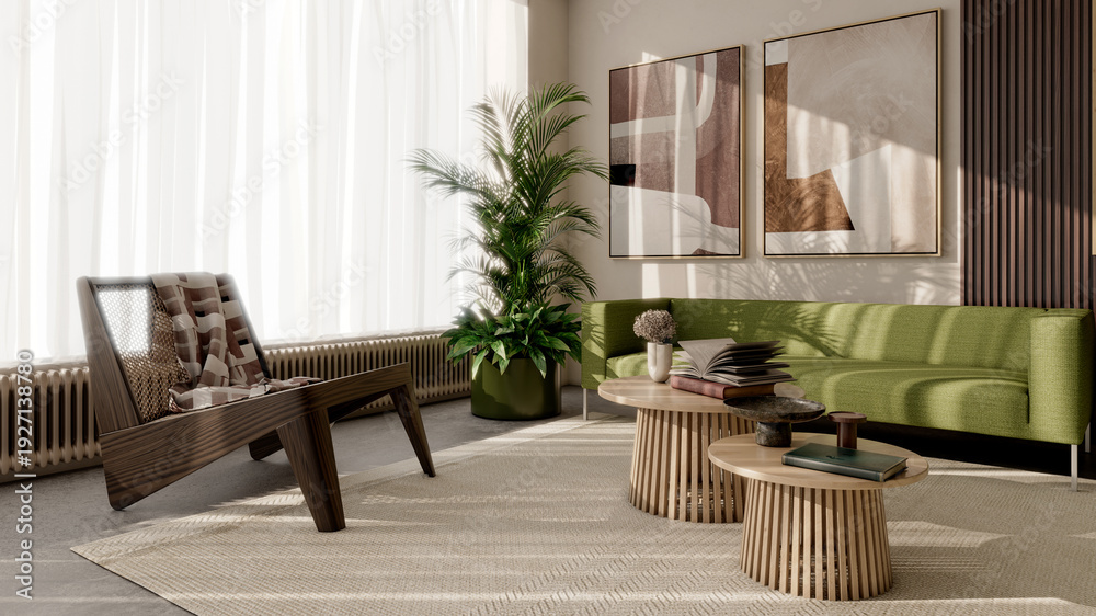 Fototapeta premium Large illustration 3D rendering luxury modern bright interiors Living room mockup with Couch and Ceiling Fan Ventilation